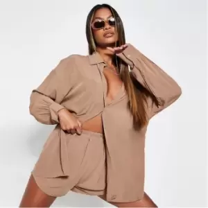 I Saw It First Long Sleeve Button Front Oversized Shirt - Brown