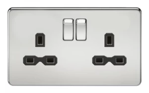 KnightsBridge 13A 2G DP Screwless Polished Chrome 230V UK 3 Pin Switched Electric Wall Socket - Black Insert