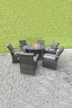 Fimous 6 Seater Outdoor Dark Grey Rattan Lounge Complete Dining Table Set with Gas Fire Pit Round Dining Table