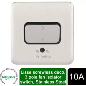 Schneider Electric Lisse Screwless Deco - Single Fan Isolator Switch, 3 Pole, 10AX, GGBL1013BSS, Stainless Steel with Black Insert