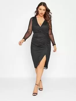 Yours Party Glitter Mesh Body Con Wrap Dress - Black, Size 20, Women