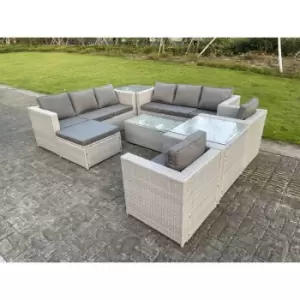 Fimous 8 Seater Outdoor Light Grey PE Rattan Wicker Complete Sofa Set with Rectangular Coffee Table and Big Footstool