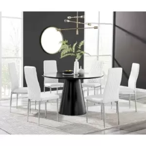 Furniture Box Palma Black Semi Gloss Round Dining Table and 6 White Milan Chrome Leg Chairs