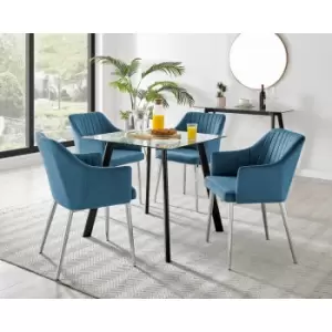 Furniturebox UK - Furniturebox Seattle Glass and Black Metal Leg Square Dining Modern Industrial Dining Table & 4 Blue Calla Silver Leg Velvet Chairs