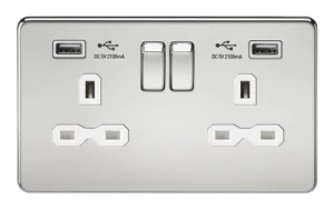 KnightsBridge 13A 2G Screwless Polished Chrome 2G Switched Socket with Dual 5V USB Charger Ports - White Insert