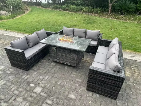 Fimous 9 Seater Outdoor Dark Grey Rattan Lounge Complete Sofa Set with Gas Fire Pit Dining Table