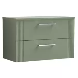 Nuie Deco Satin Green 800mm Wall Hung 2 Drawer Vanity Unit with Worktop - DPF895W - Satin Green