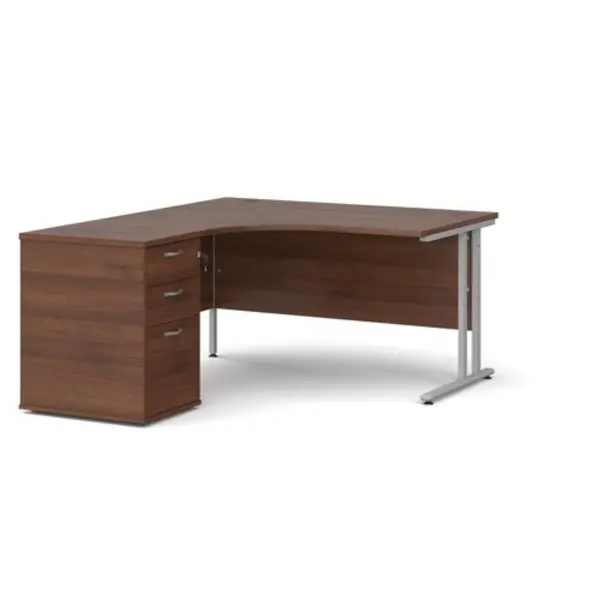 Office Desk Left Hand Corner Desk 1400mm With Pedestal Walnut Top With Silver Frame Maestro 25