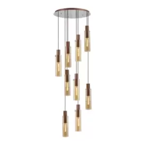 Blake Slim Round Ceiling Pendant, 9 Light Adjustable E27, Mocha, Amber Glass