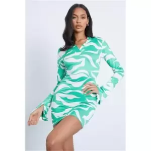 I Saw It First Green Slinky Zebra Print Open Collared Long Sleeve Bodycon Dress - Green