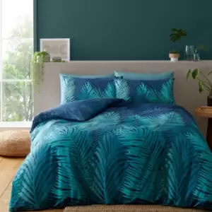 Tropical Palm Print Easy Care Reversible Duvet Cover Set, Green, King - Catherine Lansfield