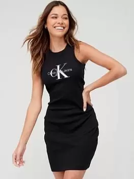 Calvin Klein Jeans Archival Mono Logo Ribbed Tank Dress - Black, Size L, Women