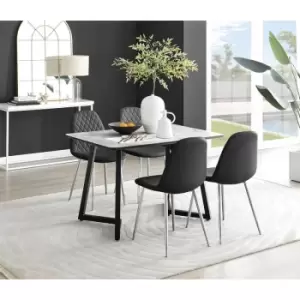 Furniturebox Carson White Marble Effect Recatngular 120cm Dining Table & 4 Black Corona Faux Leather Dining Chairs with Silver Legs Diamond Stitch