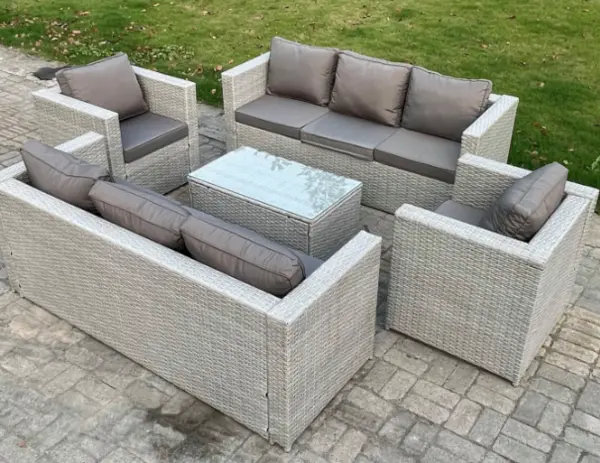 Fimous 8 Seater Outdoor Light Grey PE Rattan Lounge Sofa Complete Set with Oblong Coffee Table