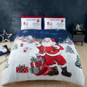 Catherine Lansfield Retro Father Christmas Reversible Blue Duvet Cover & Pillowcase Set Blue