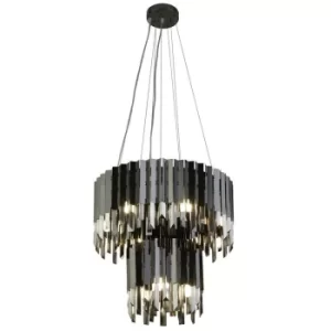 Searchlight Rotunda 9 Light 2 Tier Pendant, Black, Smoke Crystal