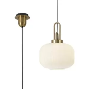 Luminosa 1 Light Pendant E27 With 30cm Pumpkin Shaped Ribbed Glass, Opal Brass Gold, Matt Black