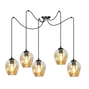 Level Black Glass Dome Cluster Pendant Ceiling Light with Amber Glass Shades, 5x E27