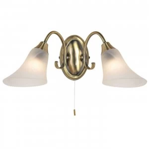 2 Light Indoor Wall Light Antique Brass with Frosted Glass, E14