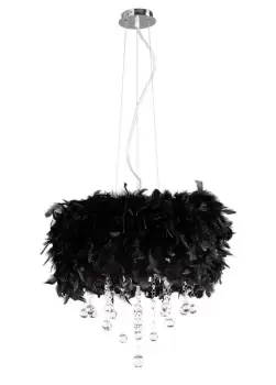 Ibis Ceiling Pendant with Black Feather Shade 3 Light Polished Chrome, Crystal