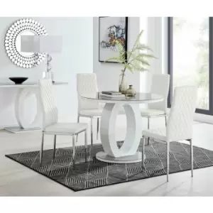 Giovani Grey White High Gloss And Glass 100cm Round Dining Table And 4 White Milan Chairs Set - White