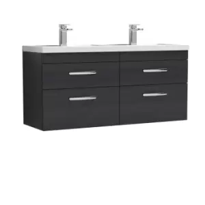 Nuie Athena 1200 Wall Hung 4-drawer Vanity & Polymarble Double Basin - Black Woodgrain