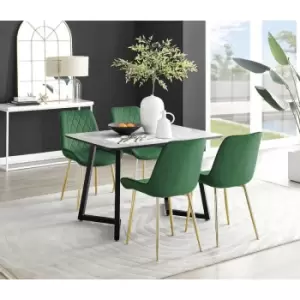 Furniturebox Carson White Marble Effect Recatngular 120cm Dining Table & 4 Green Pesaro Gold Leg Velvet Chairs