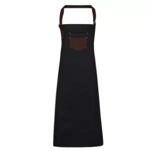 Premier Unisex Adults Division Waxed Look Faux Leather Denim Bib Apron (One Size) (Indigo/Brown Denim)