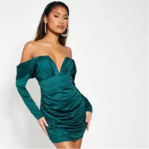 I Saw It First Satin Drape Shoulder Ruched Long Sleeve Bodycon Dress - Green