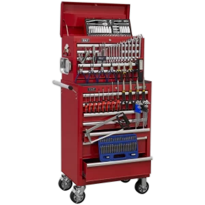 Sealey Superline Pro 15 Drawer Roller Cabinet and Tool Chest + 147 Piece Tool Kit Red