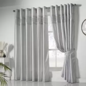 Isabella Rose Cannes Faux Silk Pintuck Embellished Eyelet Curtains - Silver - 167cm (66") X 229cm (90") TJ Hughes