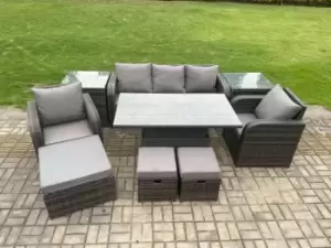 Fimous 5 Seater Outdoor Dark Grey Rattan Lounge Sofa Complete Set with Adjustable Table, 2 Stools and Big Footstool