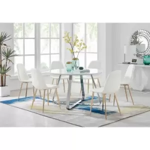 Furniture Box Santorini White Round Dining Table and 6 White Corona Gold Leg Chairs