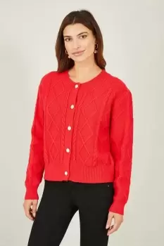 Red Cable Knit Cardigan With Pearl Buttons