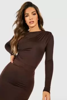 Slinky Jersey Drape Front Shoulder Pad Bodysuit