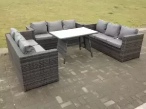 Fimous 9 Seater Outdoor Dark Grey Rattan Lounge Sofa Complete Set with Oblong Dining Table and Clear Tempered Glass