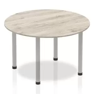 Impulse Circle Table 1200 Grey Oak Post Leg Silver