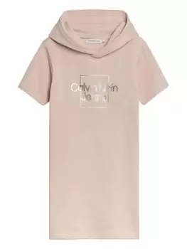 Calvin Klein Jeans Girls Metallic Logo Short Sleeve Hoodie Dress - Pale Rose, Pale Rose, Size 10 Years, Women