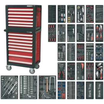 Sealey Premier 14 Drawer Roller Cabinet and Tool Chest + 1233 Piece Tool Kit Black / Red