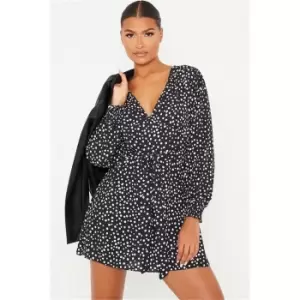 I Saw It First Black Woven Polka Dot Print Tie Waist Shirt Dress - Black