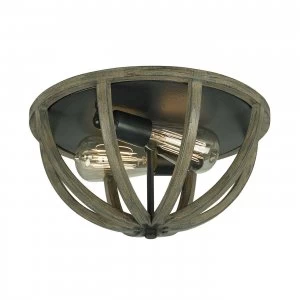 2 Light Ceiling Flush Light Dark Wood, Antique Iron, E27