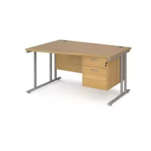 Office Desk Left Hand Wave Desk 1400mm With Pedestal Oak Top With Silver Frame Maestro 25 MC14WLP2SO