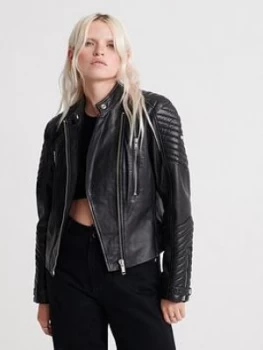 Superdry Essentials Leather Racer Jacket - Black, Size 10, Women