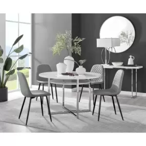 Furniturebox Adley White High Gloss 120cm Storage Dining Table & 4 Grey Corona Faux Leather Dining Chairs with Black Legs Diamond Stitch