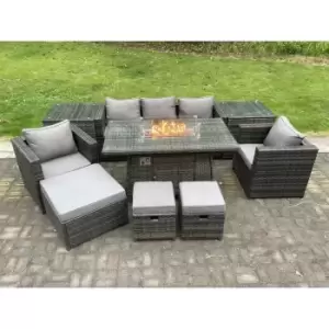 Fimous 5 Seater Dark Grey Outdoor Wicker PE Rattan Dining Sofa Complete Set with Gas Fire Pit, 2 Stools and Big Footstool