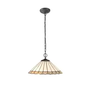 2 Light Downlighter Ceiling Pendant E27 With 40cm Tiffany Shade, Grey, Crystal, Aged Antique Brass