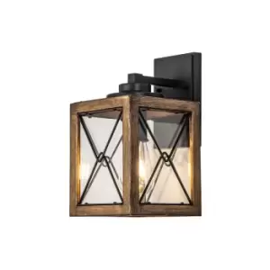 Luminosa Small Wall Lamp, 1 x E27, Wood Effect & Black, Clear Glass, IP54, 2yrs Warranty