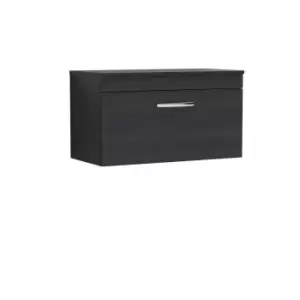 Nuie Athena 800 Wall Hung Single Drawer Vanity & Worktop - Black Woodgrain