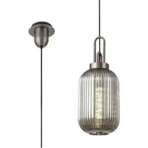 Luminosa 1 Light Pendant E27 20cm Tubular Ribbed Glass, Smoked Antique Silver, Black