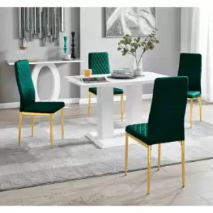 Furniture Box Imperia 4 White Dining Table and 4 Green Velvet Milan Gold Leg Chairs